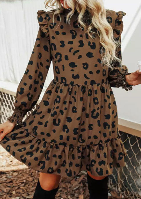 

Mini Dresses Leopard Ruffled Long Sleeve Mini Dress in Multicolor. Size: M,,XL