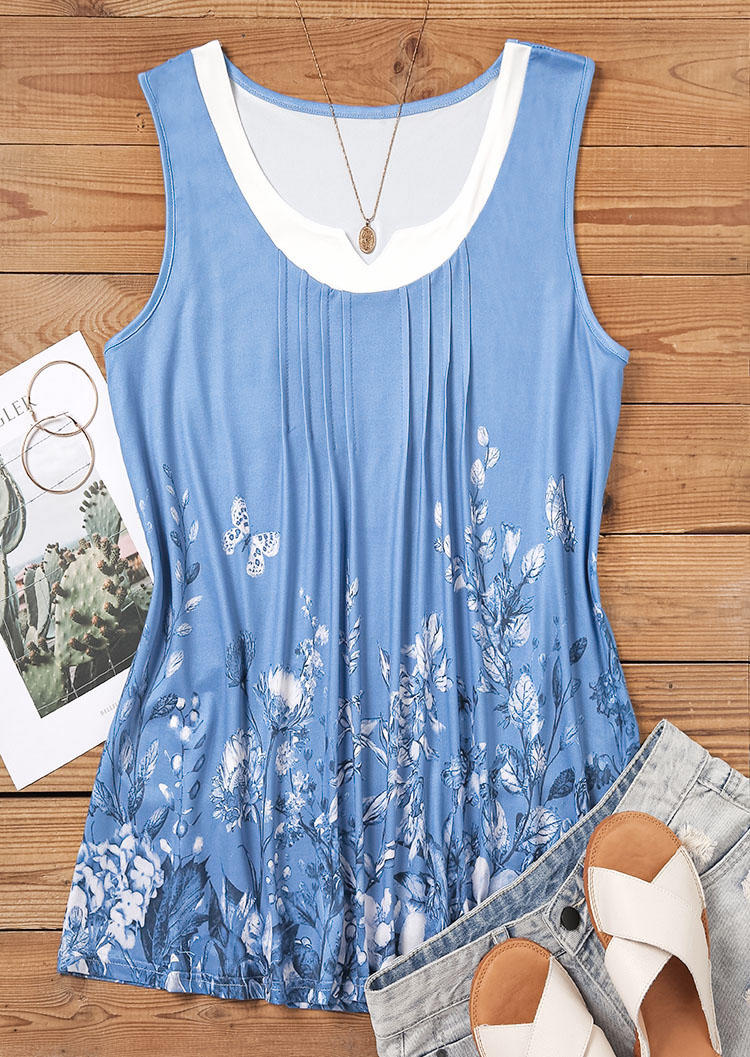 Floral Ruffled Casual Tank - Blue