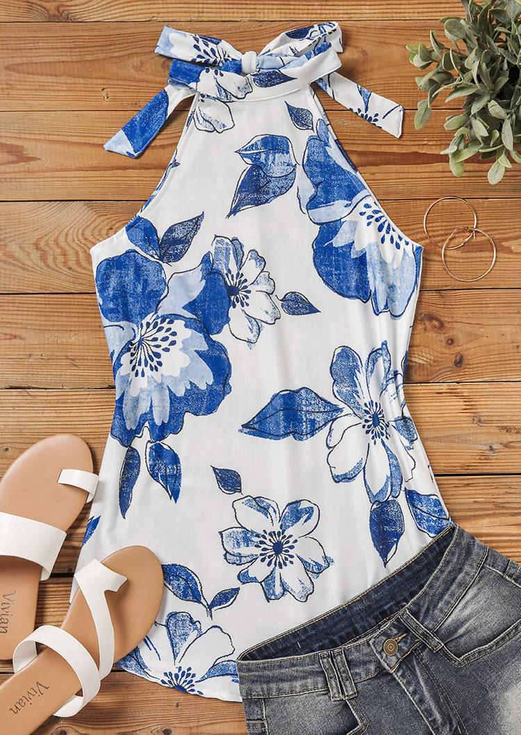 

Tank Tops Floral Halter Tie Camisole in White. Size: L,M,,XL