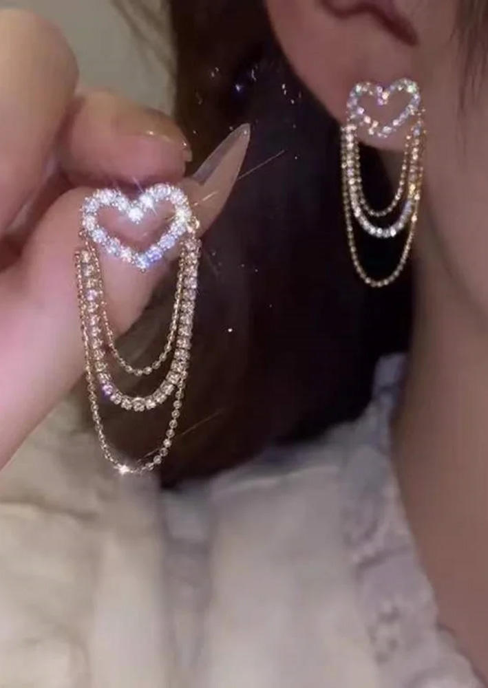 

Earrings Heart Rhinestone Tassel Alloy Earrings in Gold. Size