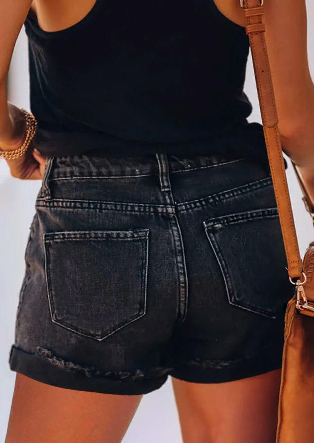 Pocket Button Frayed Denim Shorts - Black