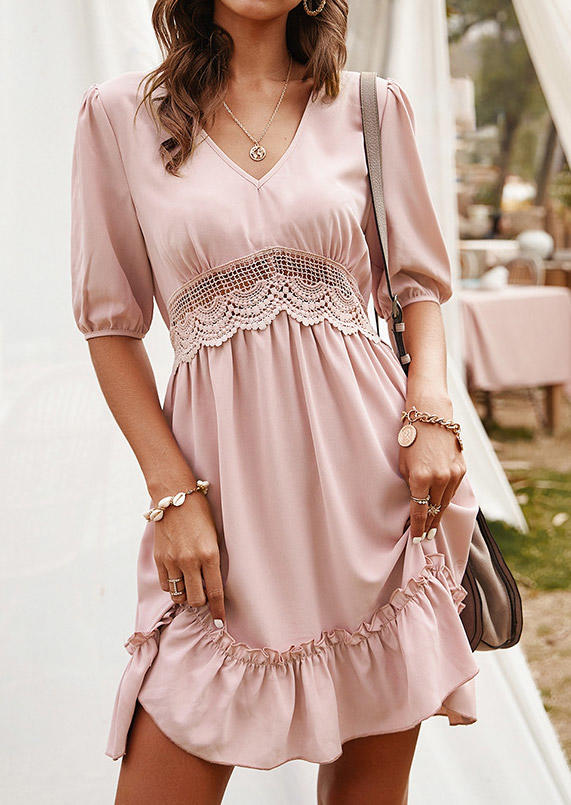 Ruffled Lace Splicing V-Neck Mini Dress - Pink