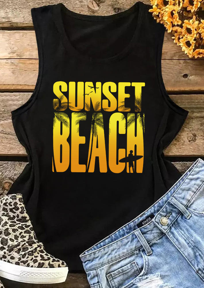 

Tank Tops Sunset Beach Coconut Tree O-Neck Tank Top in Black. Size