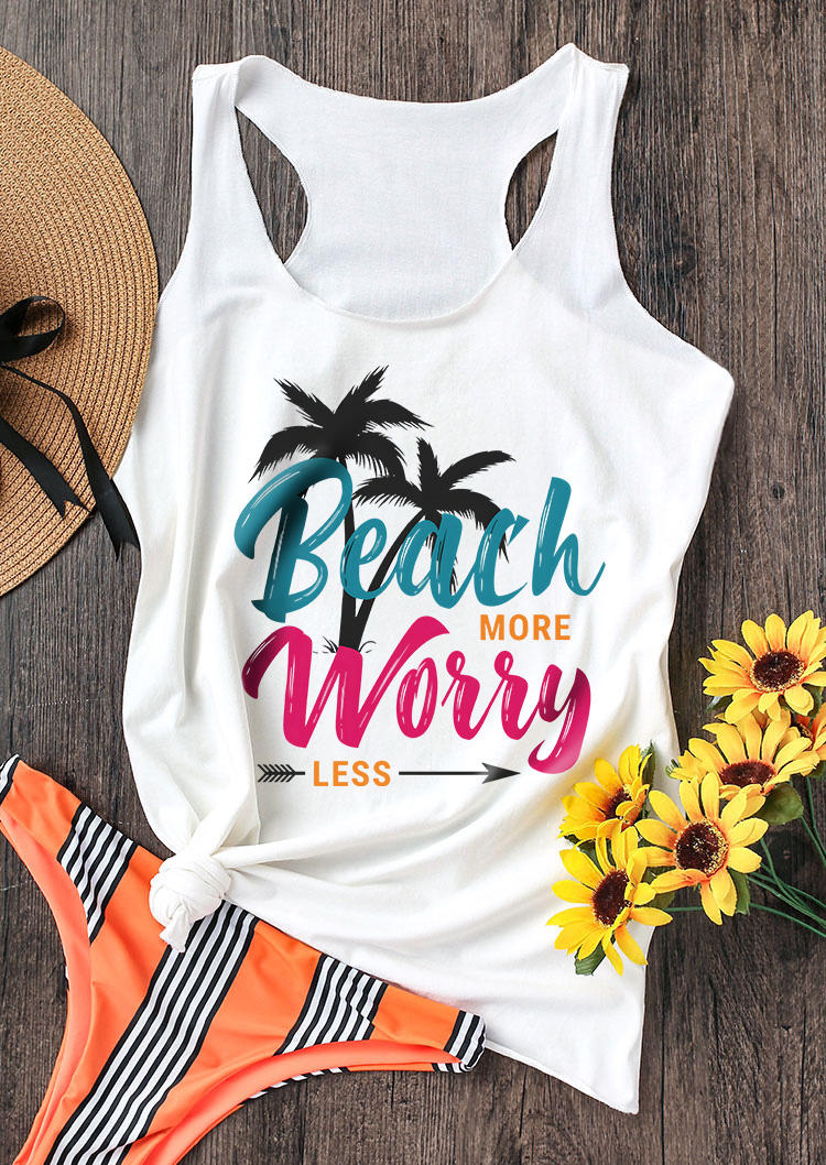 

Tank Tops Beach More Worry Less Coconut Tree Racerback Tank Top in White. Size