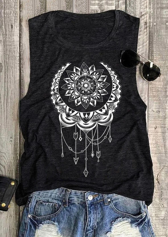 

Tank Tops Sun Moon Star Floral Loose Tank Top in Black. Size