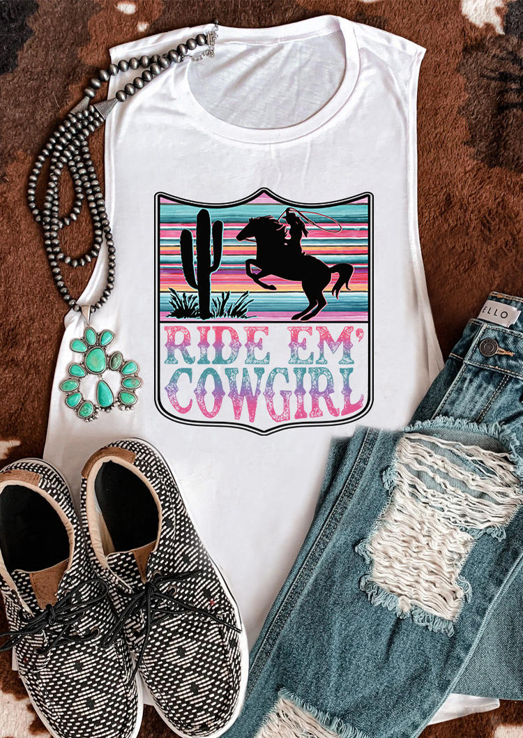 

Tank Tops Ride Em' Cowgirl Cactus Horse Serape Striped Tank Top in White. Size