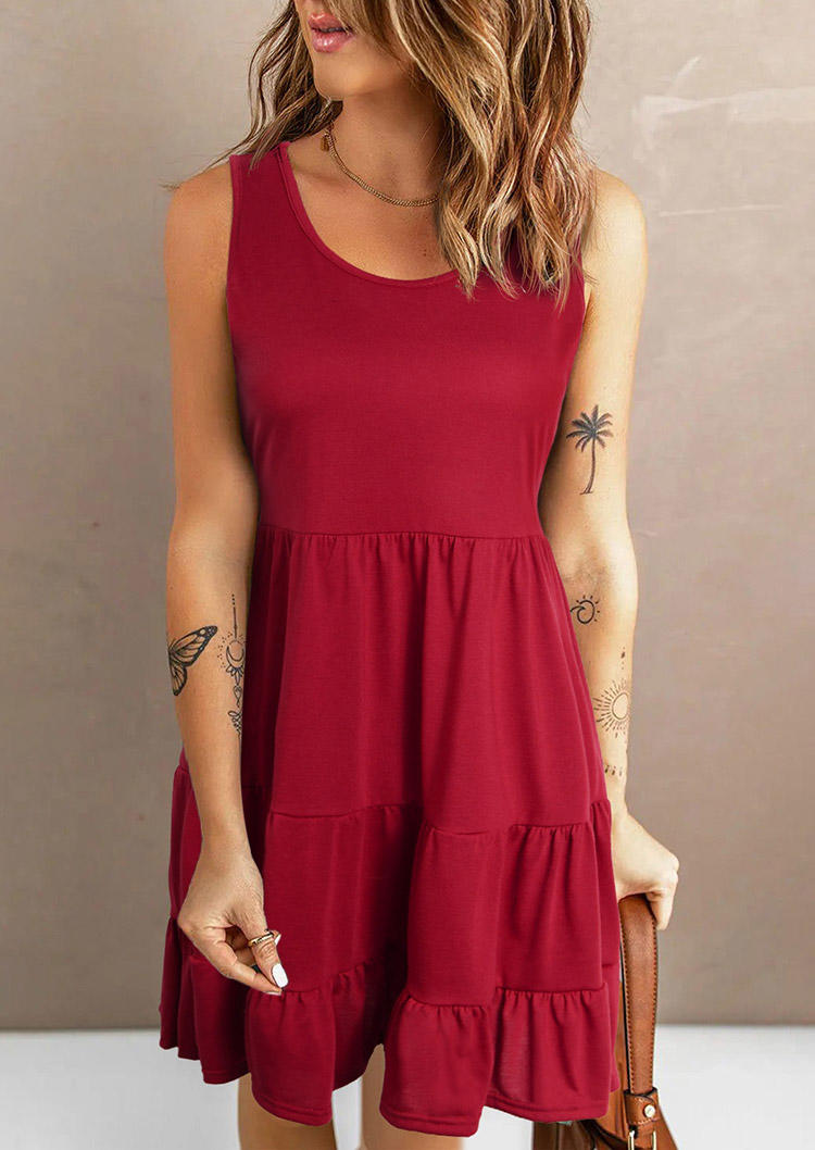 Ruffled O-Neck Sleeveless Mini Dress - Burgundy