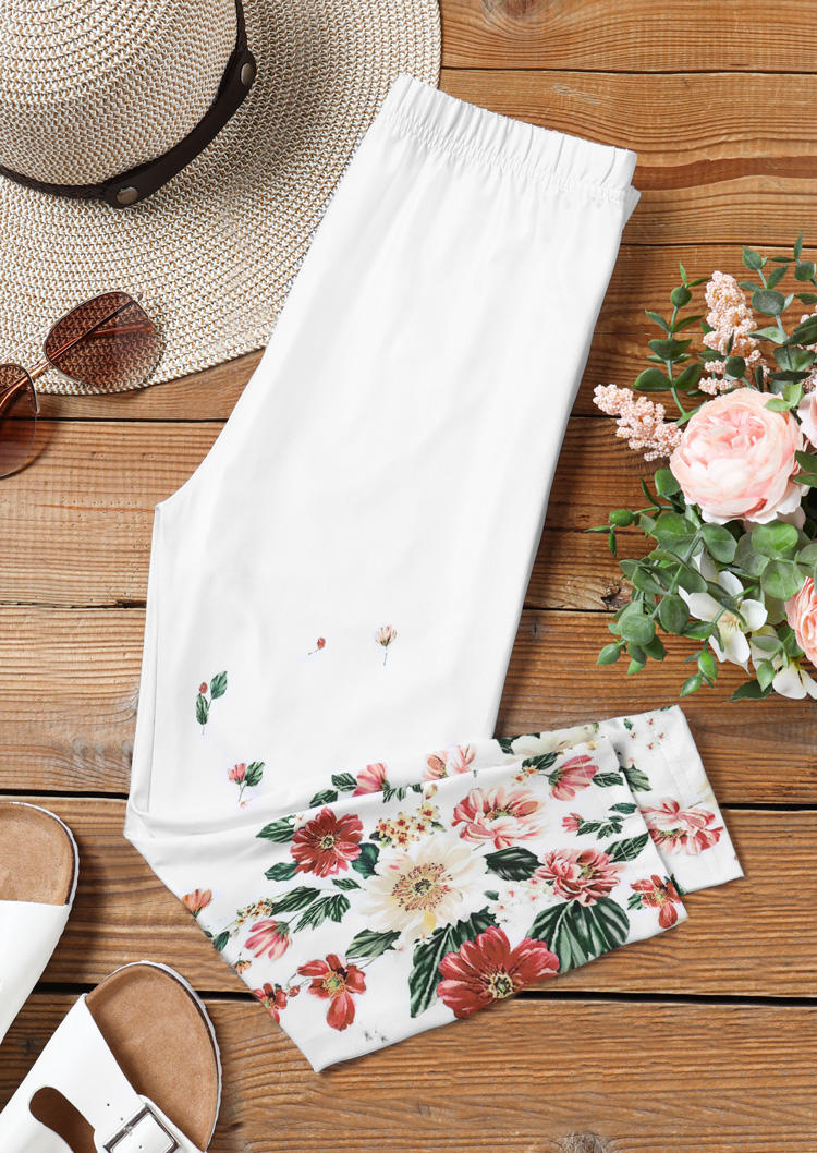 

Pants Floral Elastic Waist Casual Pants in White. Size: M