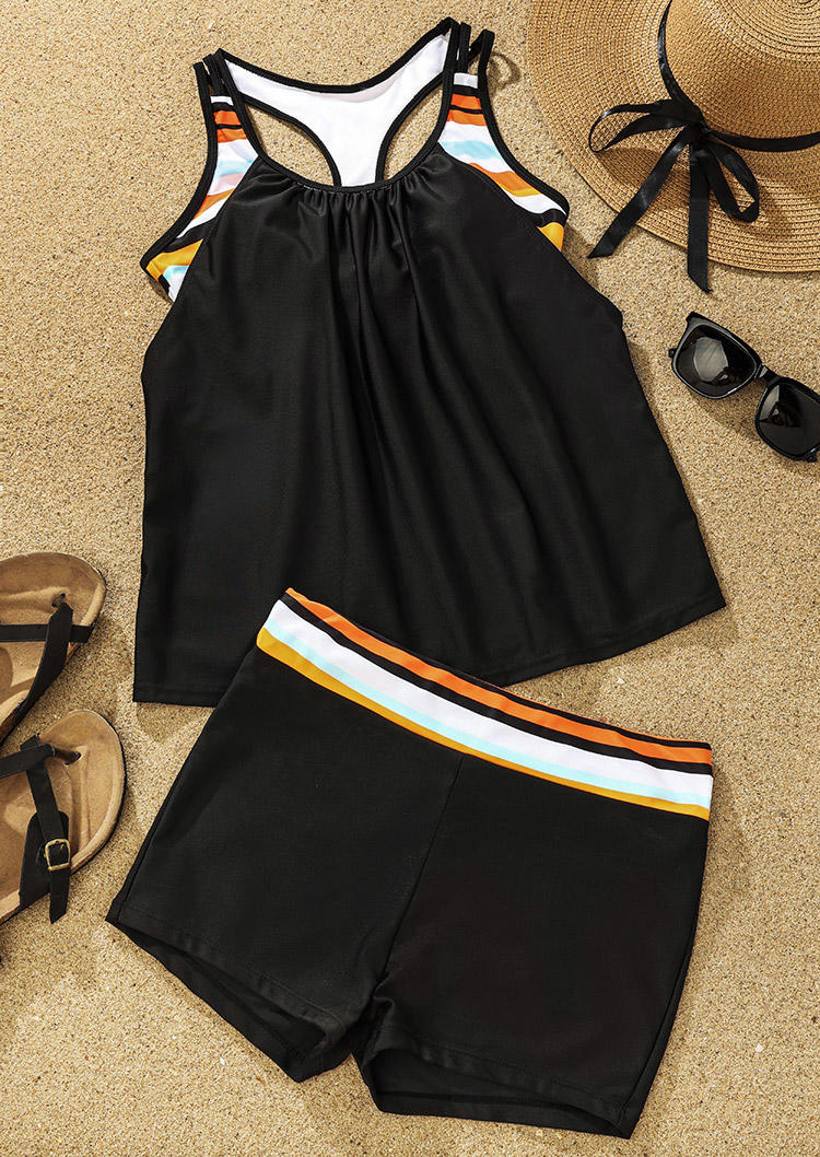 

Tankinis Striped Ruffled Hollow Out Tankini Set in Black. Size