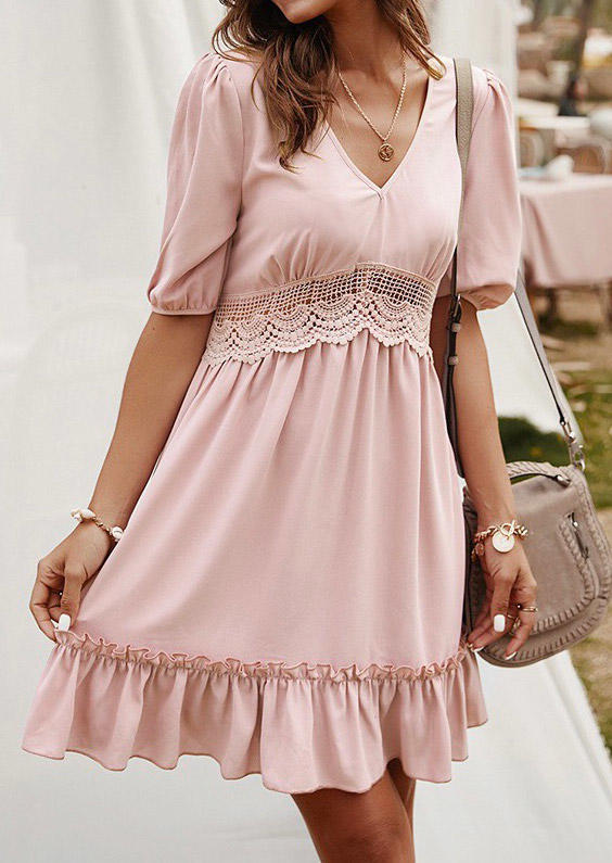 Ruffled Lace Splicing V-Neck Mini Dress - Pink