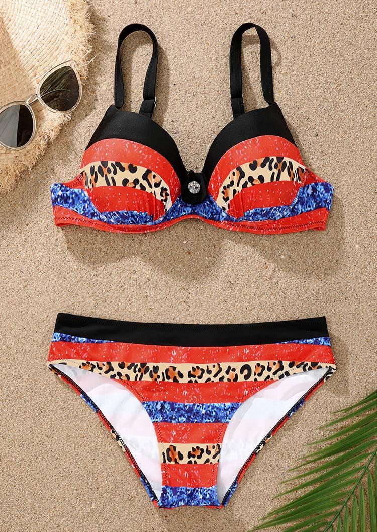 

Bikini Sets Leopard Color Block Rhinestone Adjustable Strap Bikini Set in Multicolor. Size: L,M,,XL