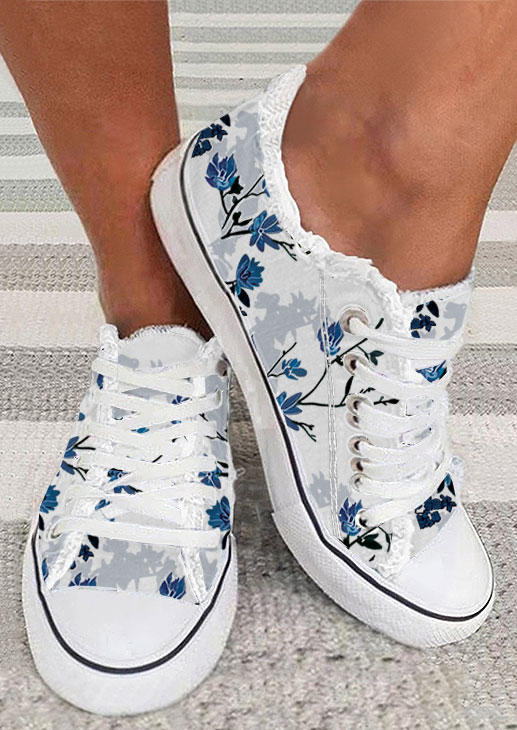 Floral Lace Up Flat Sneakers - White