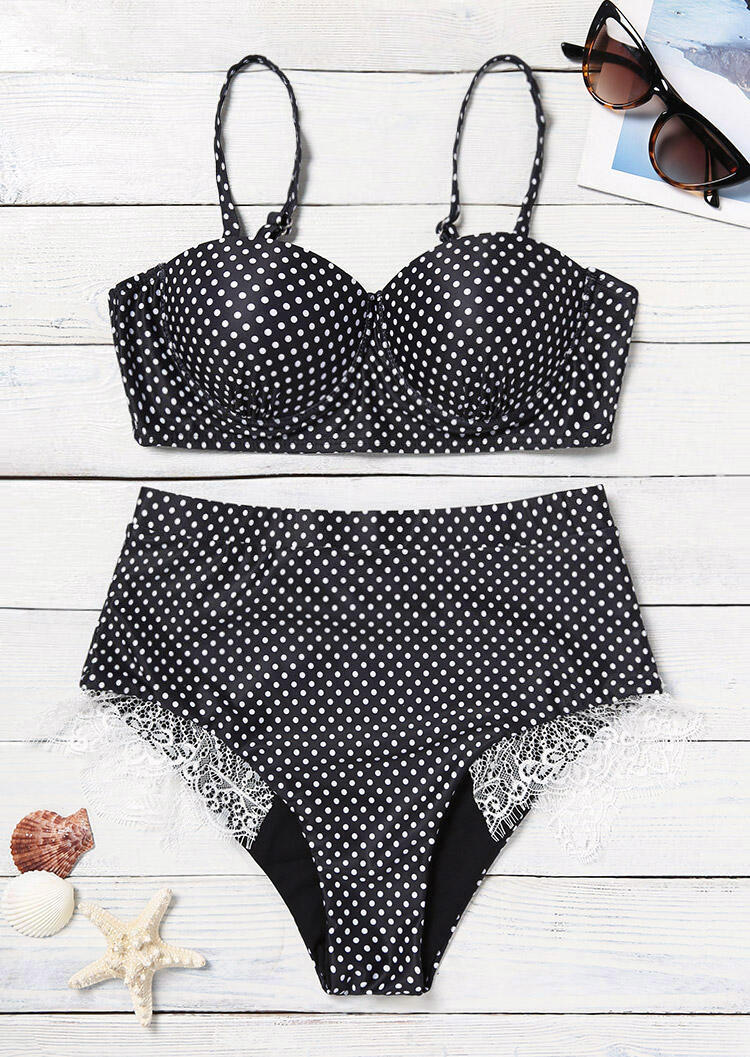 

Black Polka Dot Lace Patchwork Bustier High Waisted Bikini Set in Black. Size