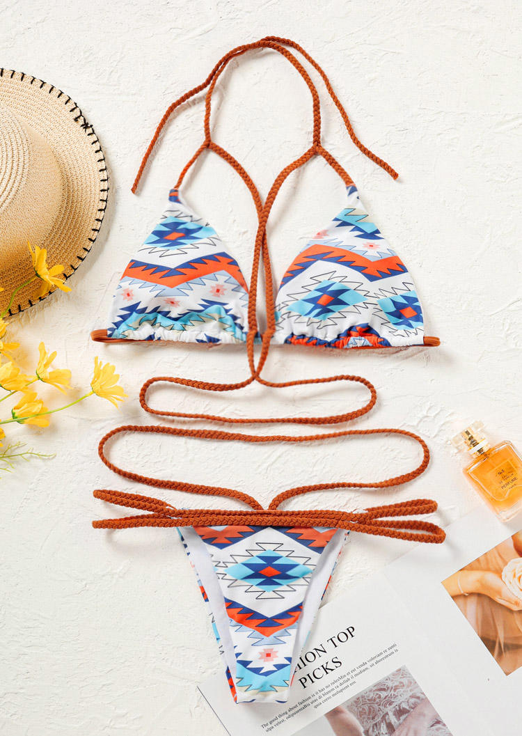 

Bikini Sets Aztec Geometric Criss-Cross Tie Halter Bikini Set in Multicolor. Size