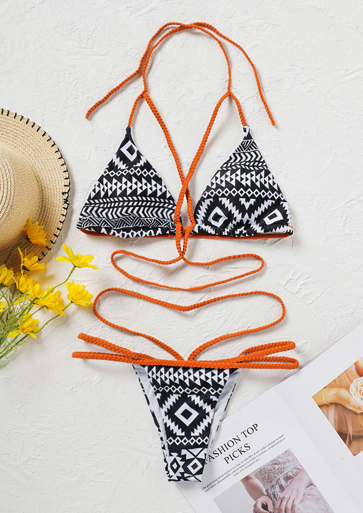 

Bikini Sets Aztec Geometric Criss-Cross Tie Halter Bikini Set in Black. Size