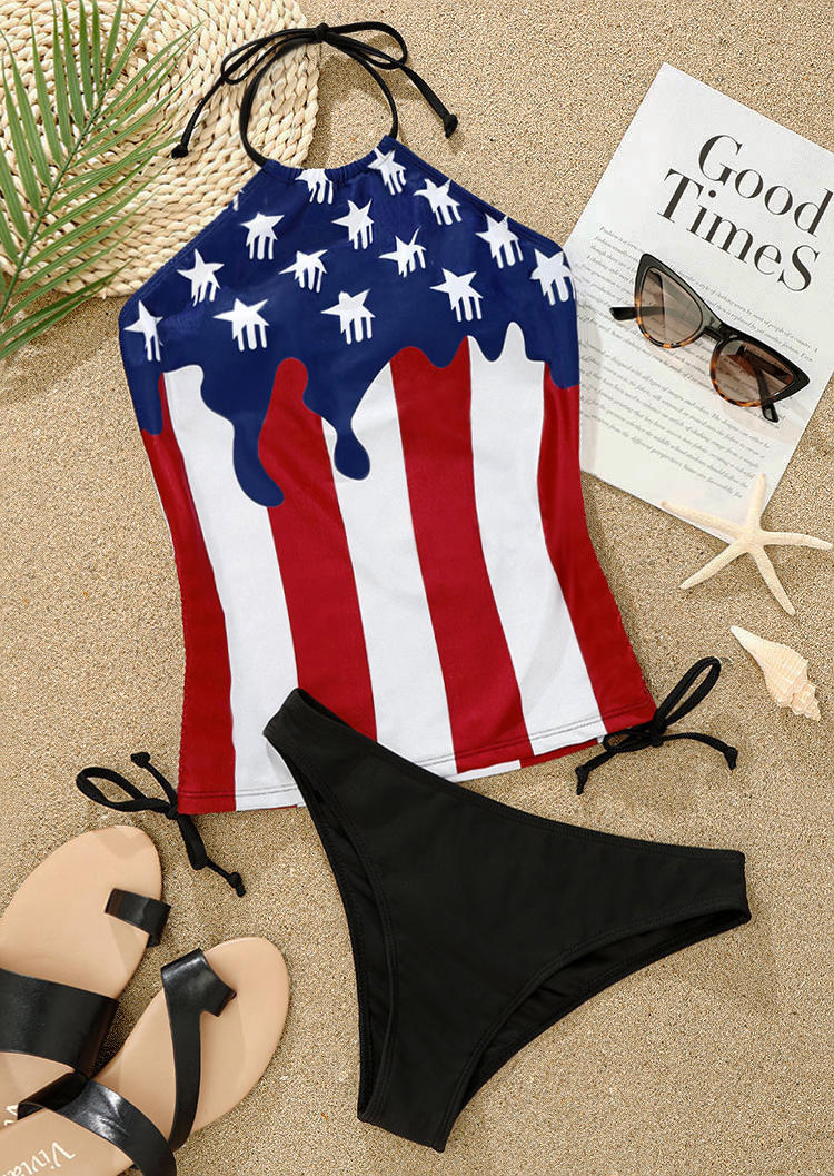 

Tankinis American Flag Halter Tie Tankini Set in Multicolor. Size: L,M