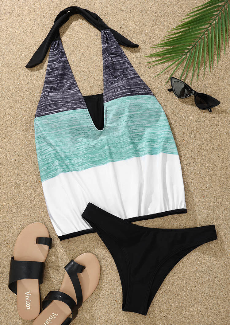 

Tankinis 3Pcs Color Block Halter Tie Tankini Set in Multicolor. Size