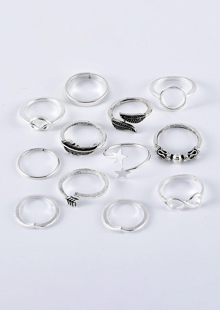 

Rings 12Pcs Feather Leaf Star Ring Set in Silver. Size