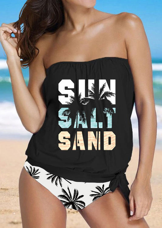 Sun Salt Sand Coconut Tree Strapless Bandeau Tie Tankini Set - Black