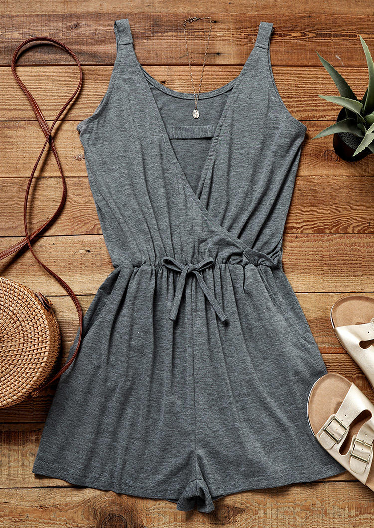 

Jumpsuits & Rompers Hollow Out Wrap Pocket Sleeveless Romper in Gray. Size