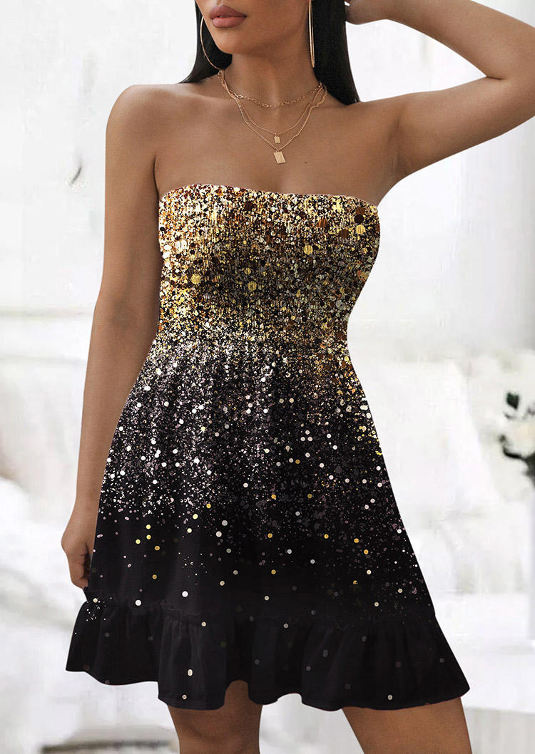 

Mini Dresses Glitter Smocked Strapless Bandeau Open Back Mini Dress in Black. Size: L,M,,XL