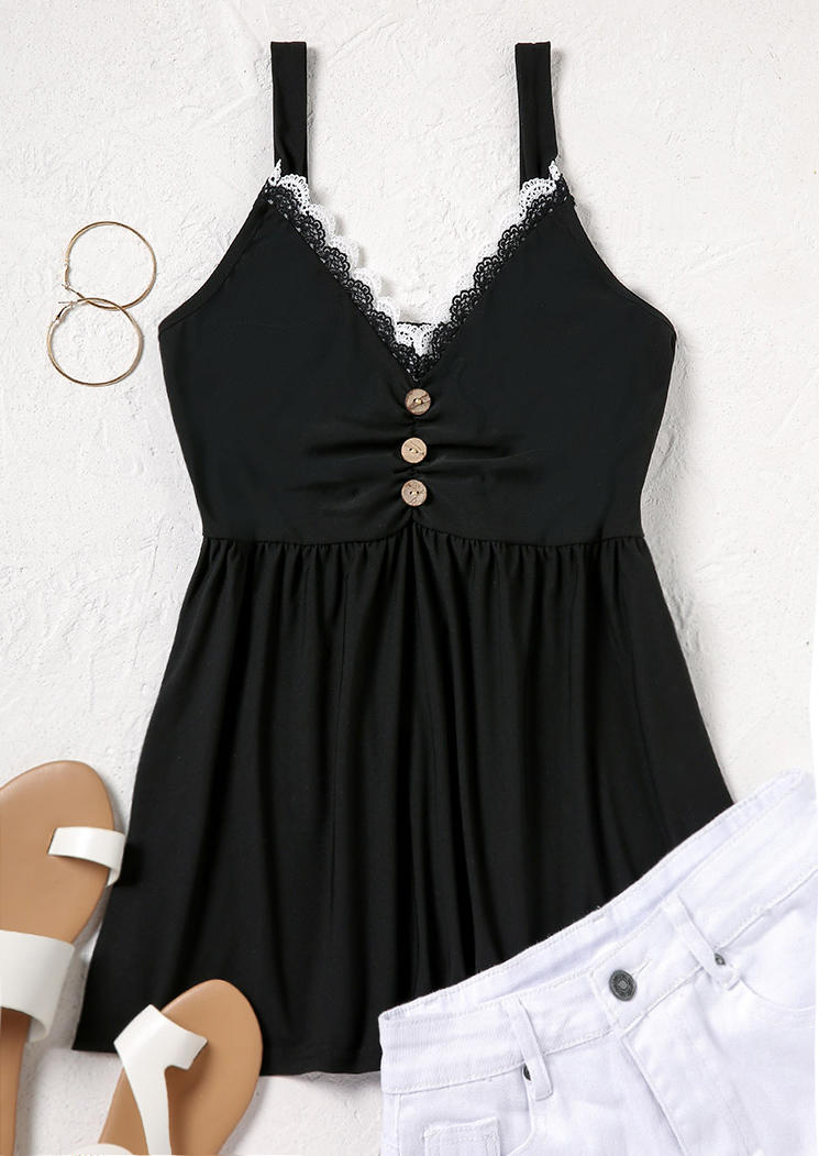 

Tank Tops Lace Splicing Ruched Button Camisole in Black. Size: M,,XL