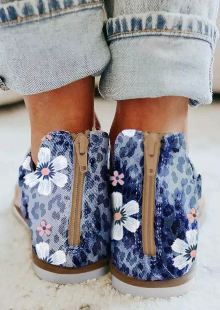 Floral Leopard Zipper Flat Thong Sandals - Blue