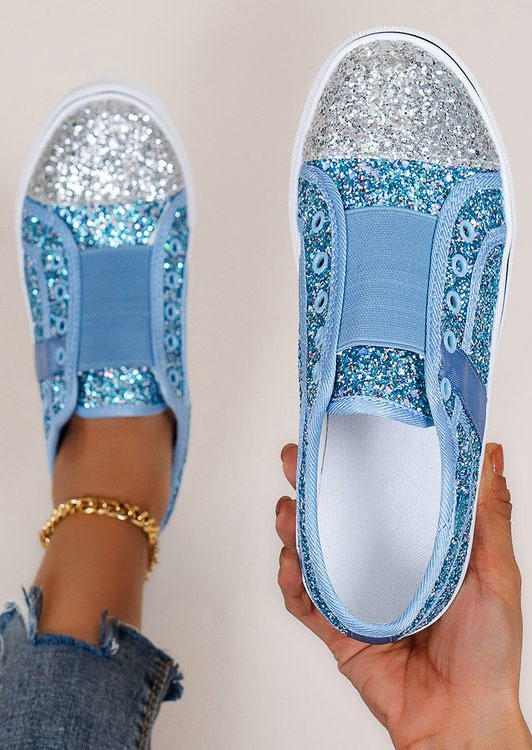 Color Block Glitter Slip On Round Toe Flat Canvas Sneakers - Blue