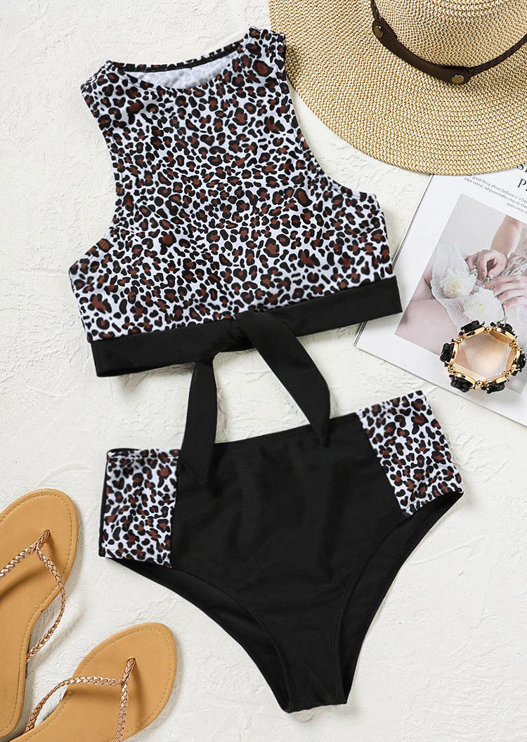 

Bikini Sets Leopard Color Block Tie High Waist Bikini Set in Multicolor. Size