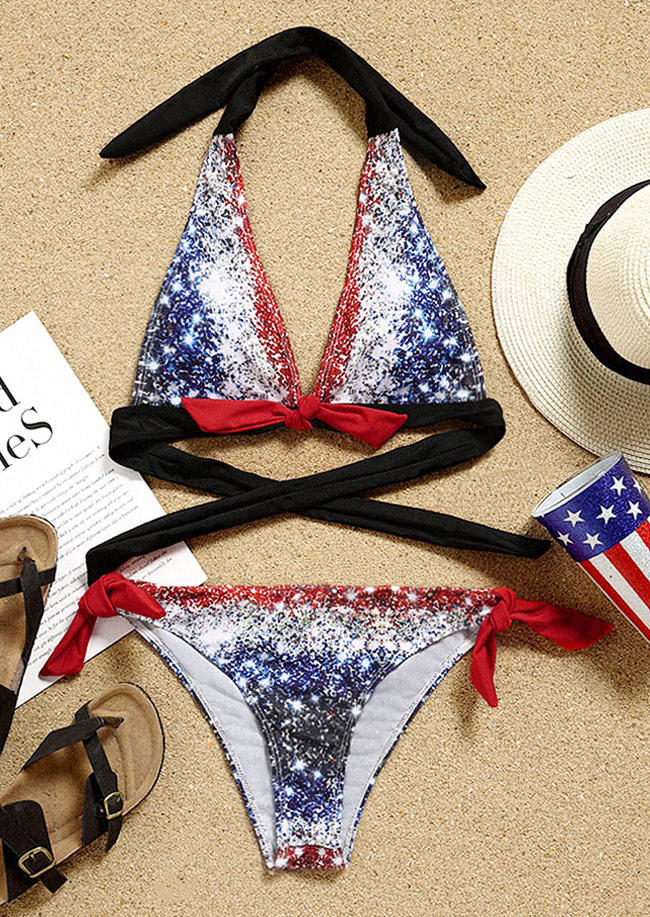 

Bikini Sets Glitter Tie 4th Of July Halter Bikini Set in Blue. Size