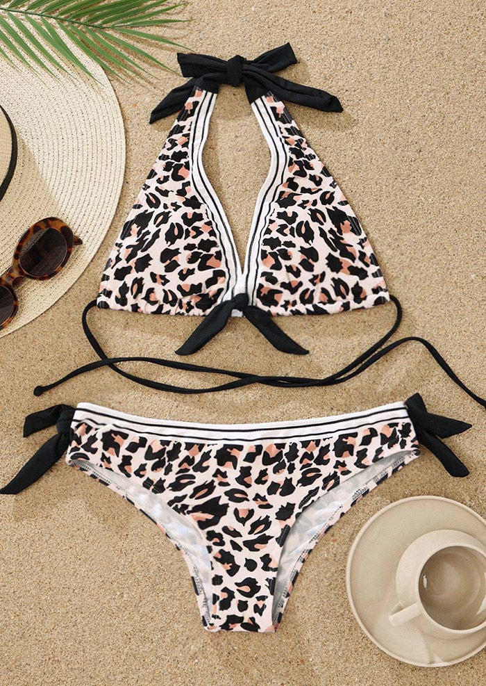

Bikini Sets Leopard Striped Halter Tie Bikini Set in Multicolor. Size: L,,XL