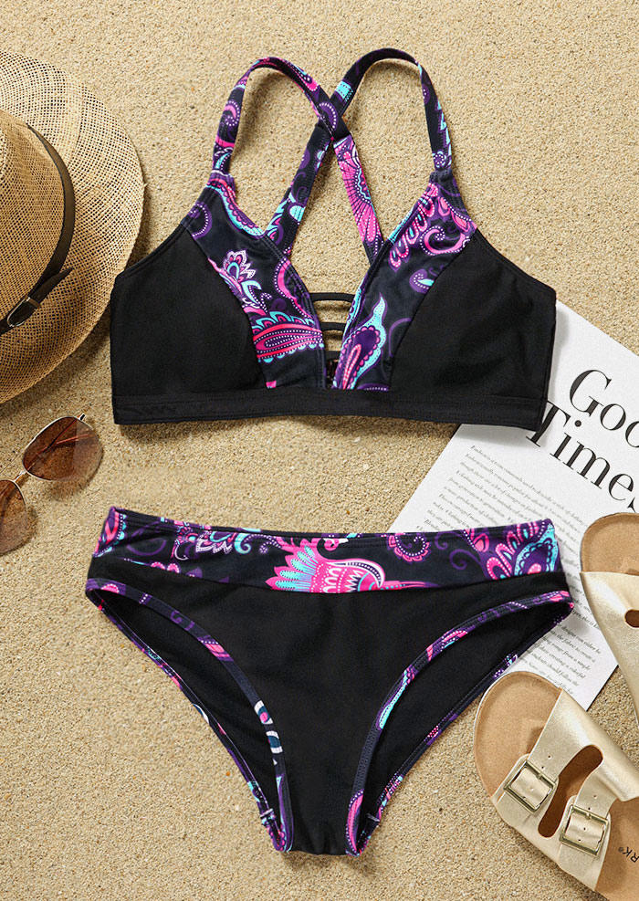 

Bikini Sets Floral Hollow Out Criss-Cross Bikini Set in Multicolor. Size