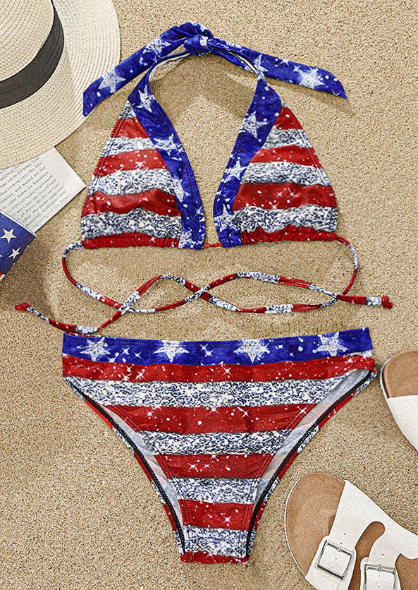 

Bikini Sets American Flag Glitter Halter Tie Bikini Set in Multicolor. Size
