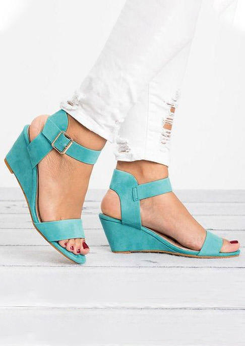 Summer Buckle Strap Wedges Sandals - Lake Blue