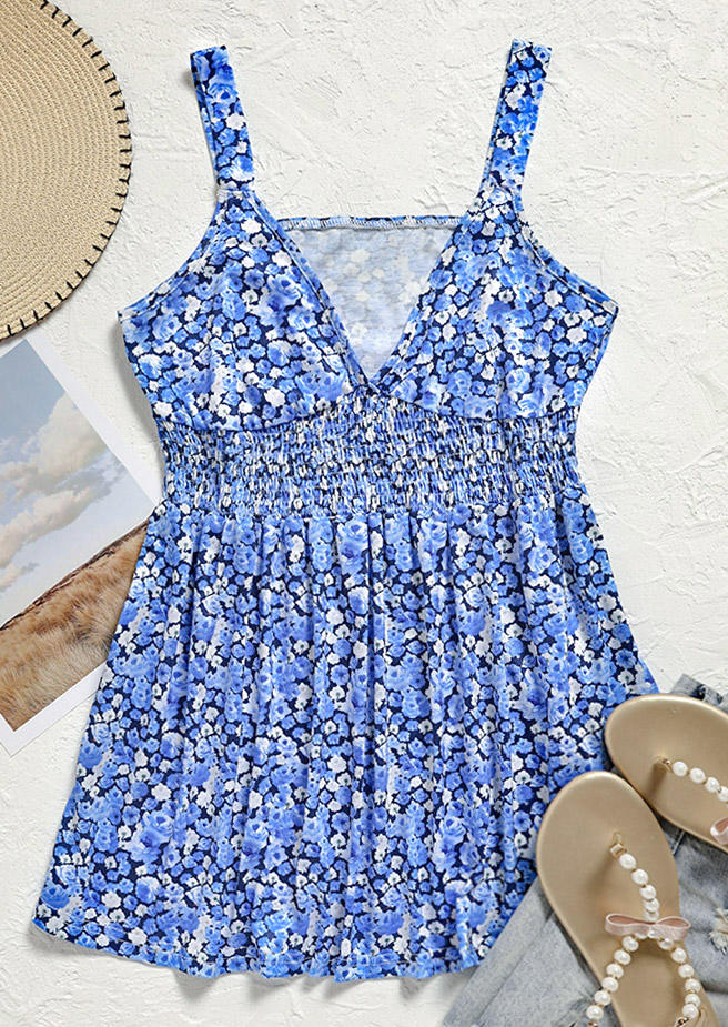 

Tank Tops Floral Ruffled V-Neck Tank Top in Blue. Size