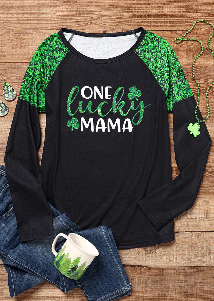 

T-shirts Tees St. Patrick' Day One Lucky Mama Glitter T-Shirt Tee in Black. Size: L,M