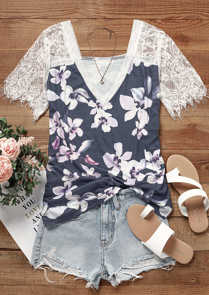 

Blouses Floral Lace Splicing Raglan Sleeve Blouse in Multicolor. Size