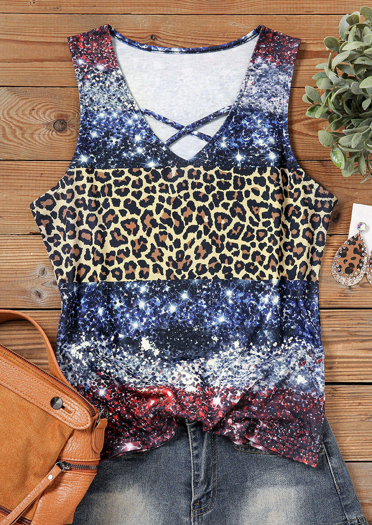 

Tank Tops Leopard Color Block Glitter Hollow Out Tank Top in Multicolor. Size: ,XL