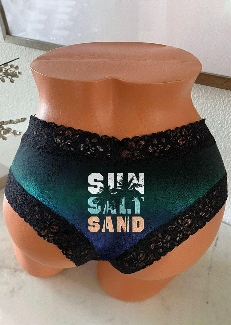 Sun Salt Sand Gradient Coconut Tree Lace Splicing Panties - Black