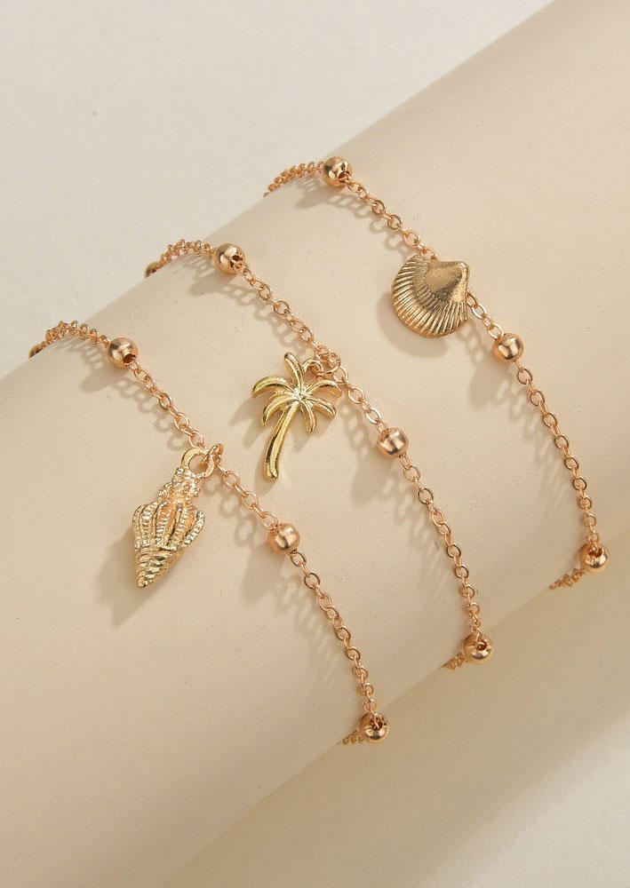 

Body Jewelry 3Pcs Bohemian Shell Coconut Tree Conch Anklet in Gold. Size