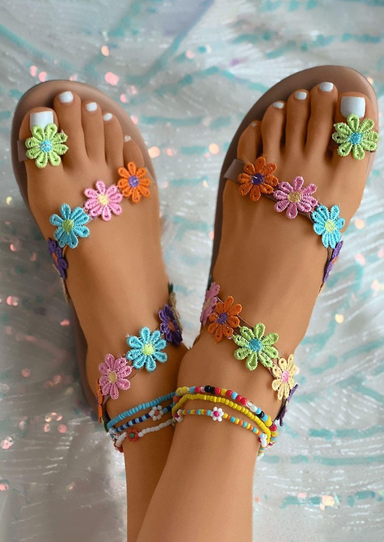 Floral Flat PU Leather Sandals without Anklet