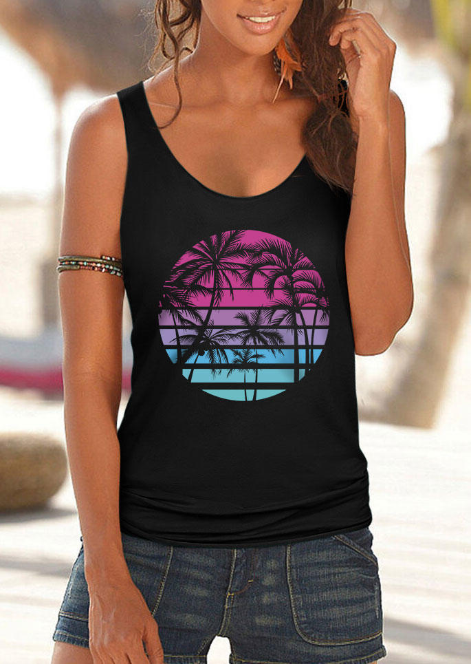 

Tank Tops Coconut Tree Sunset Racerback Casual Tank Top in Black. Size