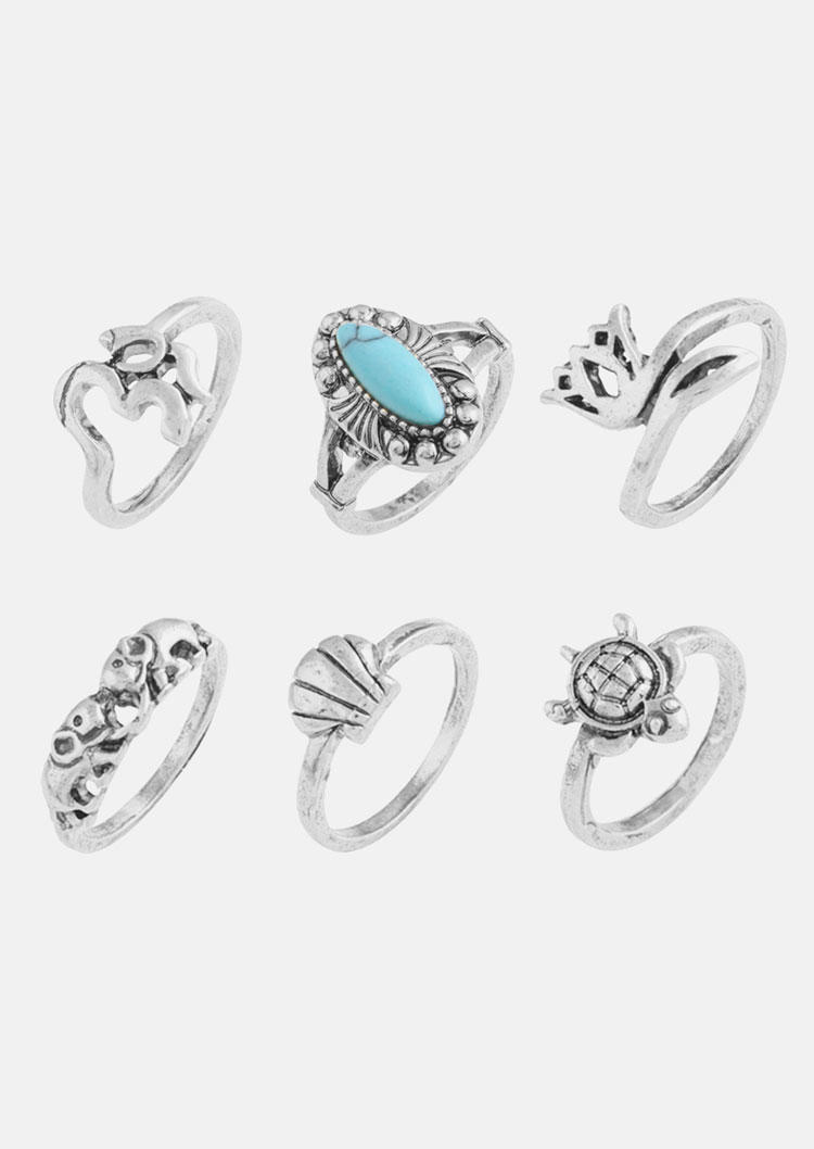 

Rings 6Pcs Bohemian Sea Turtle Turquoise Ring Set in Silver. Size