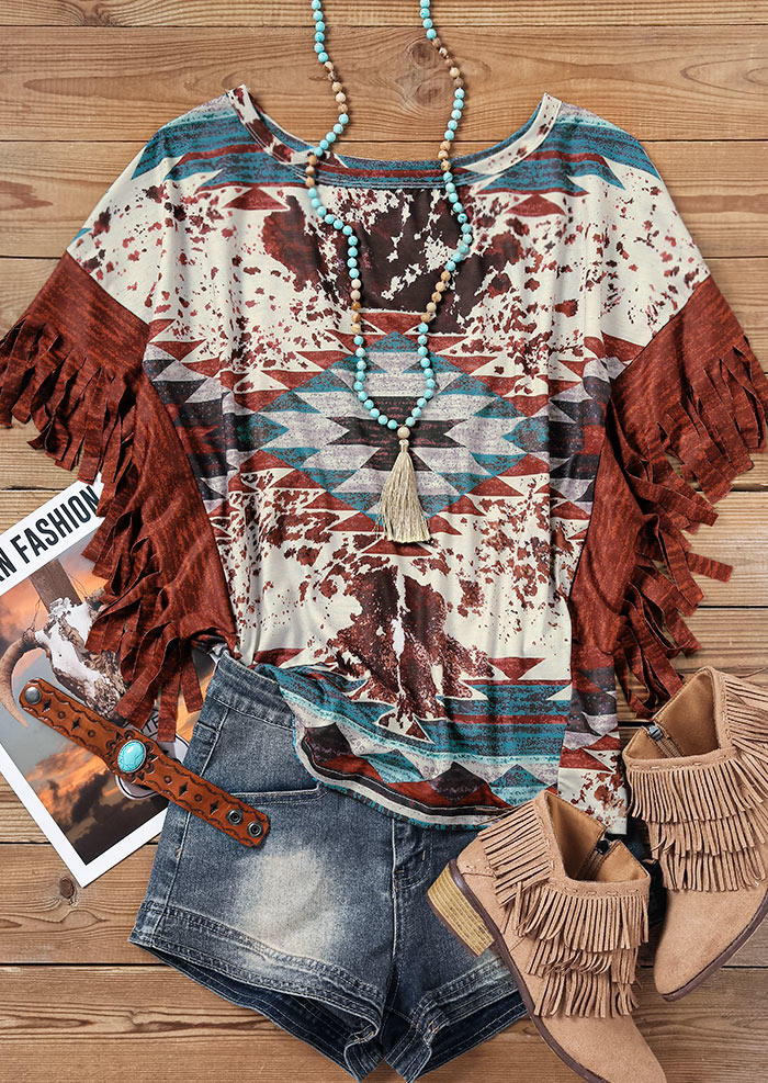 

Blouses Aztec Geometric Tassel O-Neck Blouse in Multicolor. Size