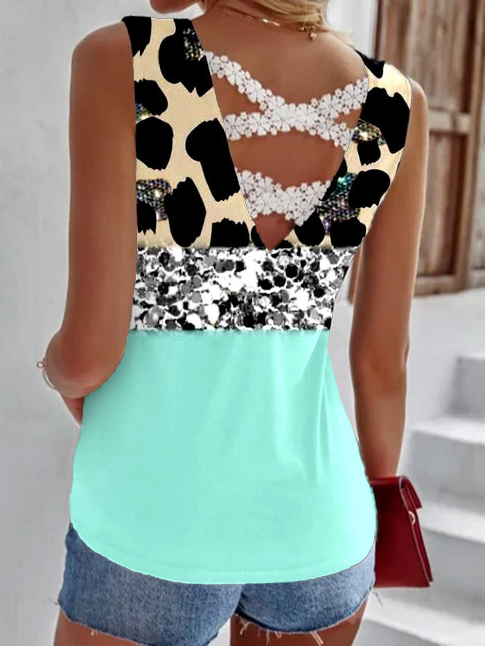 

Tank Tops Leopard Color Block Criss-Cross Tank Top in Multicolor. Size: L,M,,XL