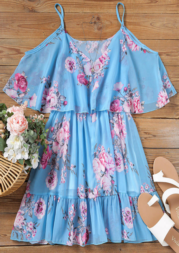 

Mini Dresses Floral Ruffled Spaghetti Strap V-Neck Mini Dress in Blue. Size