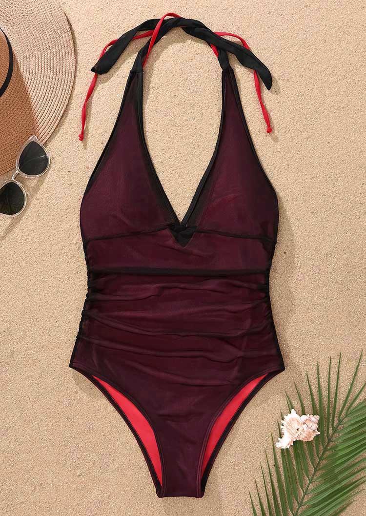 

One-Pieces Swimsuit Ruched Mesh One-Piece Halter Swimsuit in Black. Size: L,M,,XL