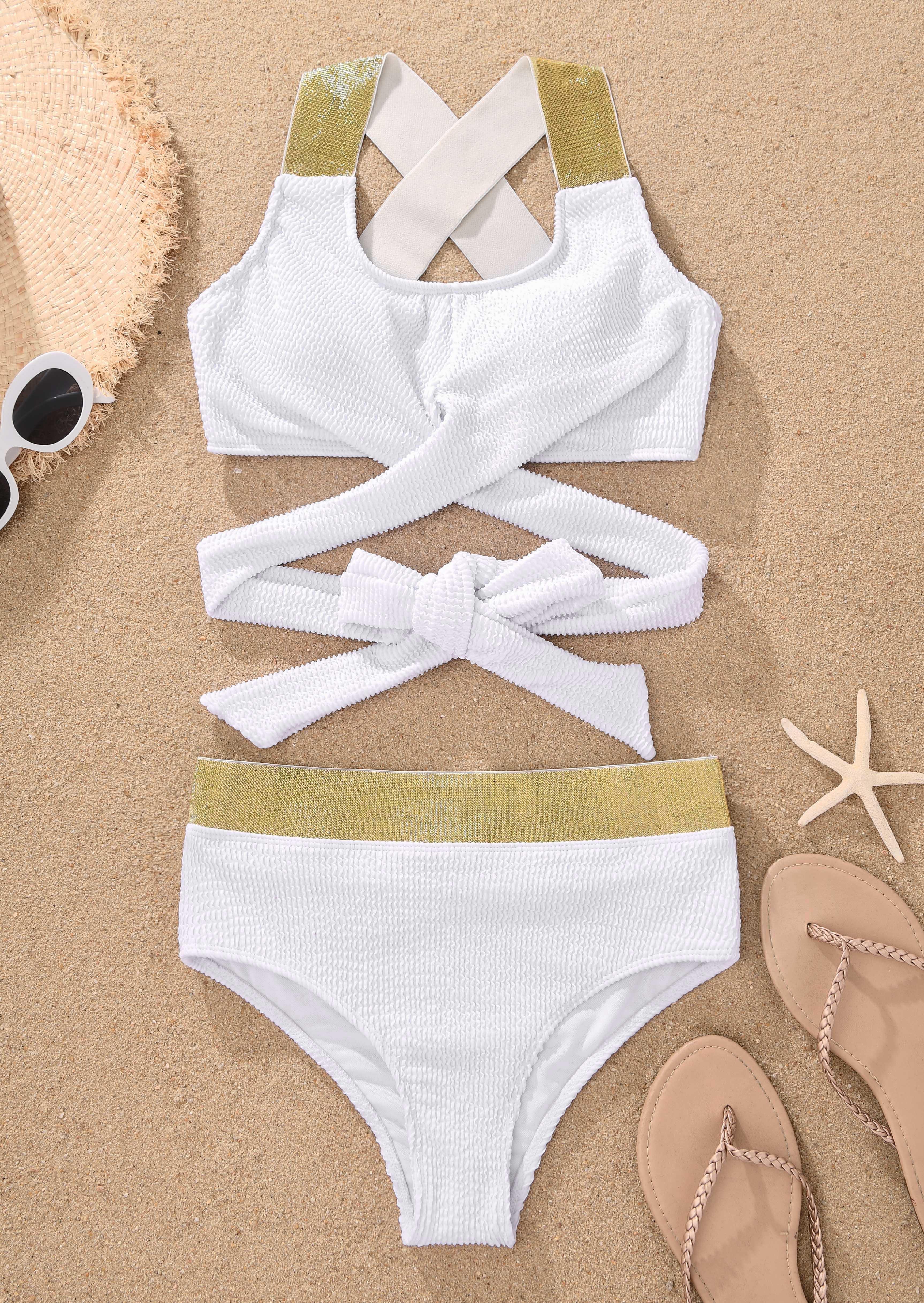 

Bikini Sets Color Block Criss-Cross Tie Bikini Set in White. Size: L,M,,XL