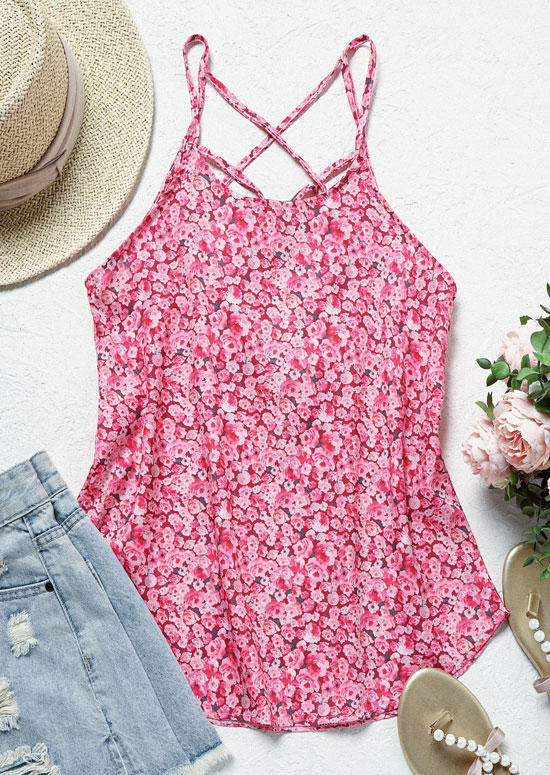

Tank Tops Ditsy Floral Criss-Cross Camisole in Pink. Size