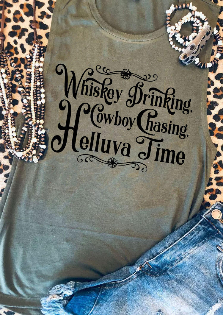 

Tank Tops Whiskey Drinking Cowboy Chasing Helluva Time Tank Top - Army Green in Green. Size: L,M